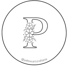 the letter p is decorated with flowers and leaves in black on a white circular background