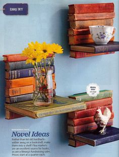 there is a book shelf with books and flowers on it