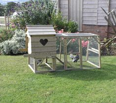 a small chicken coop in the yard with two chickens on it's back legs