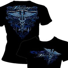 Nursing-Silver-Wings-T-Shirt-Claris-Deals Black T-shirt With Graphic Print For Awareness Events, Black Graphic Print T-shirt For Awareness Events, Graphic Print Tops For Awareness Events, Pre-shrunk Short Sleeve T-shirt For Awareness Events, Black Short Sleeve Tops For Awareness Events, Graphic Print Crew Neck Top For Awareness Events, Crew Neck Top With Graphic Print For Awareness Events, Nursing Fashion, Silver Wings