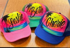 Our personalized trucker caps make a great gift for a party or special occasion. We can airbrush your hat with your name or up to a few words. They look great and stand out for just about anything. Personalized Summer Trucker Hat, Personalized Fun Summer Trucker Hat, Customizable Fun Summer Trucker Hat, Cactus Painting, Beach Scene, Louisville Ky, Beach Scenes, Hobby Lobby, Amelie