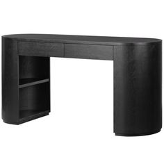 a black desk with an open shelf on it's left side and the top half closed