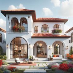 an artist's rendering of a house with lots of windows and flowers in the front yard