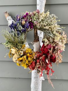 A fun celebration of color and texture, created with dried flowers, fabrics, and foraged materials. Each piece is unique, and will vary. Color And Texture, Flower Ideas, Mixed Media Collage, Assemblage, Dried Flowers, Mixed Media, Display Homes, Rainbow, Holidays