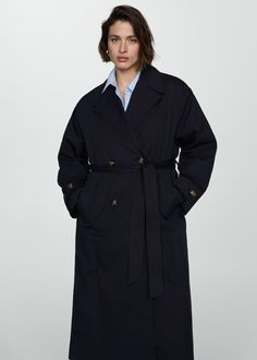 Double-button trench coat - Woman | MANGO USA Waterproof Long Coat For Workwear, Waterproof Long Coat For Work, Waterproof Outerwear For Rainy Season Workwear, Long Coat For Workwear In Rainy Season, Long Coat For Work During Rainy Season, Double Breasted Trench Coat, Light Rain, Simply Be, Trench Coats Women