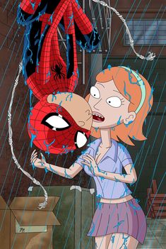 a woman kissing a spider man in the rain with water dripping on her face and hands