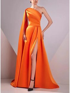 Gown Elegant Formal Halloween Floor Length Sleeveless One Shoulder Pocket Satin with Ruched Evening Dress Sleeveless Orange Prom Dress, Halloween Satin Dress, Fitted Orange Dress For Banquet, Orange Satin Maxi Dress For Party, Sleeveless Evening Dress For Costume Party, Sleeveless Orange Evening Dress, Sleeveless Orange Evening Dress For Formal Events, Sleeveless Costume Dress For Halloween, Sleeveless Halloween Costume Dress