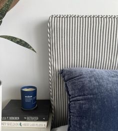 a blue candle sitting on top of a bed next to two books and a potted plant