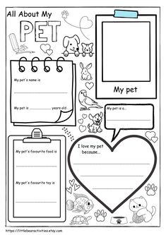 an animal themed pet book with pictures and words on the pages, including a heart