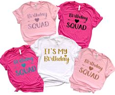 "Personalized Text Name and Year Birthday Party Group Shirts,Birthday Squad Group Photo Shirts,Women Birthday Squad Shirts ----- About Us ----- All TeaShirtUS shirts use the highest quality material for ultra-soft and comfortable wear. Most importantly all of our shirts are printed using the most advanced apparel printer to ensure vibrant colors and detailed graphics. ----- How To Order ----- 1-) Please, check and review all the photos. 2-) Choose your t-shirt size and color. *Different styles of shirts may have different shades of same color choice due to different manufacturer brands. *For this reason, we recommend you to match shirts from the same styles if you want precisely matching colors (ex. Unisex, V-necks, Toddler, etc.). 3-) Click add to cart. You can go back to add more shirts. Group Birthday Shirts Ideas, Nashville Fits, Homemade Shirts, Birthday Sleepover, 9 Birthday, Birthday Squad Shirts, 10 Birthday, Sleepover Ideas, Squad Shirt