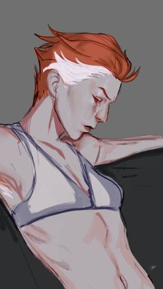 a drawing of a woman with red hair and no shirt on, holding her arm behind her back