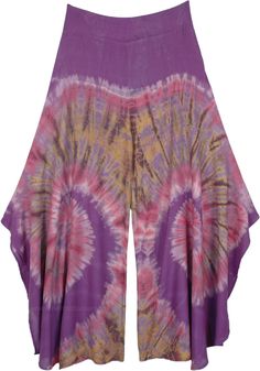 Subtle edge mixed with effortless style with these split skirt style rayon wide leg pants - lending tie dye accents, drastic side slits, semi elastic waistband, and a dramatic silhouette.  You can call these versatile pants anything you want - divided skirt, wide leg palazzo style Thai pants, rayon pants, boho stretchy pants or maxi clothing beach women trousers. #tlb #SplitSkirtsPants #vacationclothing #beachwrap #TieDye #bohemianfashion #TieDyePants #FunPants #VacationPants #GypsyPants #purple Bohemian Festival Rayon Bottoms, Bohemian Rayon Bottoms For Festival, Tie Dye Wide-leg Pants, Flowy Multicolor Bottoms For Festivals, Summer Wide Leg Purple Harem Pants, Tie Dye Wide Leg Bottoms With Elastic Waistband, Summer Purple Wide Leg Harem Pants, Purple Wide Leg Harem Pants For Summer, Tie Dye Wide Leg Bottoms For Festival