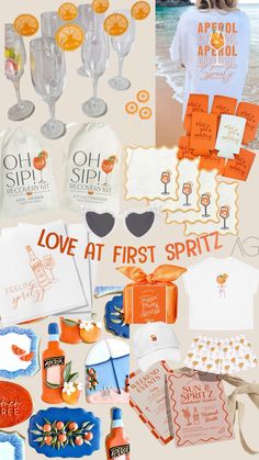 the collage is full of orange and white items