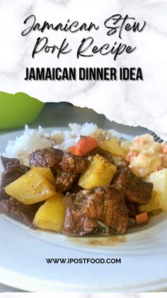 jamaican stew recipe with potatoes and carrots on a white plate, text overlay reads jamaican stew pork recipe jamaican dinner idea