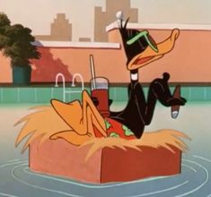 an animated duck wearing a hat and holding a drink in his hand while sitting on top of a box