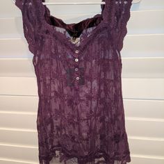 All Lace Purple Sleeveless Shirt With Button Detail On Front Whimsigoth Outfits Purple, Purple Lace Shirt, Cottage Outfits, Vintage Purple Relaxed Fit Tops, Fairy Grunge Sleeveless Tops, Grunge Witch, Whimsigothic Clothes T-shirts & Tank Tops, Shifting Closet