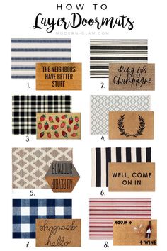 different types of doormats with the words, how to layer doors and names on them