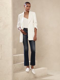 The Crop-Boot Jean | Banana Republic Casual Flare Cropped Jeans For Work, Flare Cropped Jeans For Work, Professional Flare Denim Jeans For Work, Elegant Flare Denim Jeans For Workwear, Chic Fitted Straight Flare Jeans, Classic Flare Jeans For Fall Workwear, Chic Cropped Jeans With Straight Hem For Fall, Chic Flared Cropped Jeans, Chic Flare Cropped Jeans With Five Pockets