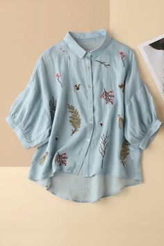 Casual Collared Blouse With Floral Embroidery, Short Sleeve Blouse With Floral Embroidery For Fall, Floral Embroidered Short Sleeve Blouse For Fall, Floral Embroidered Short Sleeve Fall Blouse, Fall Floral Embroidery Short Sleeve Blouse, Casual Button-up Blouse With Floral Embroidery, Embroidered Button-up Blouse For Fall, Casual Embroidered Puff Sleeve Blouse, Fall Embroidered Button-up Blouse