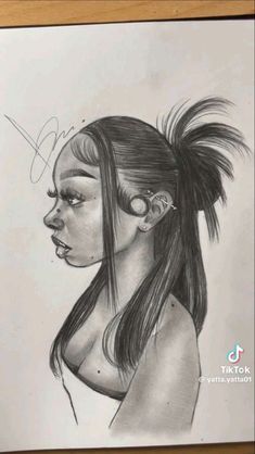 a pencil drawing of a woman's face with hair in ponytails and an ear ring