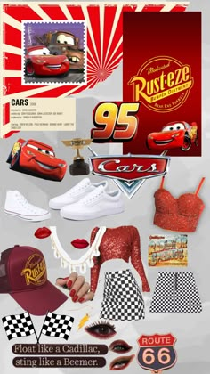 the cars movie poster is shown in red, white and black with some other things on it