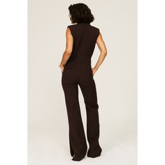 Brown wool blend (38% Wool, 29% Polyester, 28% Viscose, 5% Elastane). Jumpsuit. V-neck. Sleeveless. Front button fly closure. See size and fit notes for length measurements Imported. Casual Fitted Sleeveless Pantsuit, Chic Sleeveless Bodysuit For Fall, Brown Fitted V-neck Jumpsuits And Rompers, Sleeveless Stretch Jumpsuits And Rompers For Fall, Fall Sleeveless Stretch Jumpsuits And Rompers, Brown Fitted V-neck Jumpsuit, Stretch Sleeveless Jumpsuit For Fall, V-neck Elastane Jumpsuit For Work, Casual Sleeveless Bodysuit For Work