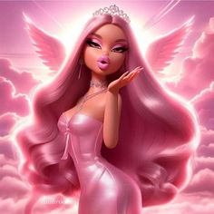 a barbie doll with long pink hair in the clouds wearing a tiara and blowing bubbles