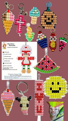 several different types of beaded key chains and magnets on a pink background with instructions to make them