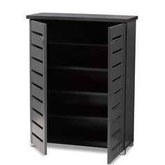 a black bookcase with shutters on the doors