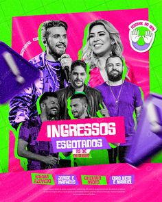 the poster for ingressos escolados is shown in purple and green colors