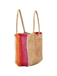 The square, structured and sophisticated Moonlight Bag will get you going places with room for all of your essentials. This large jute tote has colorful sides and woven handles.
 Size: One Size Multicolor Jute Crochet Bag For Shopping, Multicolor Crochet Bag With Braided Handles For Shopping, Multicolor Rectangular Jute Shoulder Bag, Multicolor Rectangular Crochet Jute Bag, Multicolor Rectangular Jute Crochet Bag, Multicolor Jute Straw Bag For Shopping, Multicolor Jute Straw Bag For Daily Use, Multicolor Jute Beach Bag For Everyday Use, Multicolor Jute Crochet Bag For Daily Use