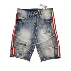 Rue21 Men’s Premium Jean Shorts New With Tags Size 38 Supreme Flex Dusteessed Denim With Red Stripes On Sides 5 Pocket Casual Red Denim Shorts, Red Denim Shorts For Spring, Casual Red Fitted Jean Shorts, Red Denim Jean Shorts, Casual Red Denim Bottoms, Red Denim Jeans For Summer, Red Jeans For Summer Streetwear, White Nike Shorts, Patchwork Shorts