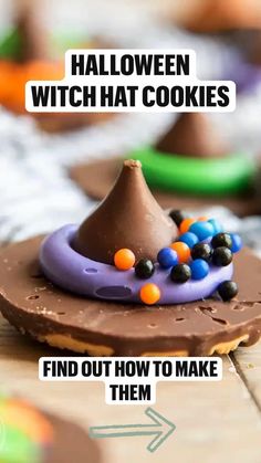 halloween witch hat cookies on a table with text overlay that reads, find out how to make them