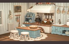 an animated kitchen with blue cabinets and white appliances, including a stove top oven, sink, countertop, and stools