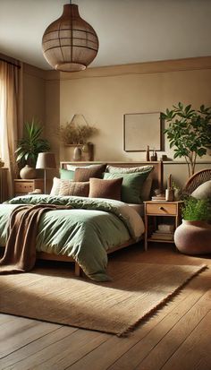 a bed room with a neatly made bed next to a window and a potted plant