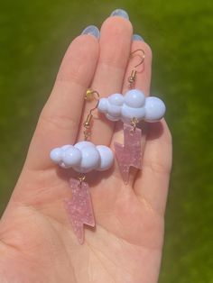 Fluffy White Cloud Dangle and Drop Earrings with Pearl Pink Acrylic Lightning Bolts | 3D Cloud and Lightning Jewelry | Weather | Stormy Sky Handmade earrings using plastic cloud charms and acrylic lightning bolts Lightweight and are 3 inches in length Lightning Jewelry, 3d Clouds, Stormy Sky, Lightning Bolts, Pearl Pink, Pink Acrylic, Pink Acrylics, White Cloud, Lightning Bolt