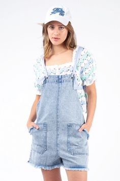 Get ready for some fun in the sun with these quirky Denim Washed Overalls! Made from soft, washed cotton, they're perfect for summer beach vacations. You'll love the playful romper design, making it the perfect addition to your summer wardrobe. Time to rock these overalls! Romper Designs, Flannel Tops, Casual Rompers, Flirty Dresses, Cotton Romper, Denim Romper, Denim Cotton, Jumpsuit Shorts Rompers, Washed Denim