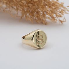 "Signet Ring - Custom Initial Ring - Initial Ring - Personalized Signet Ring - 14k Gold Signet Ring - Gold Stacking Ring - Gold Filled Ring - Christmas Gift - All my jewelry is made of High Quality 925K Sterling Silver or 14k Solid Gold - This Signet Ring will be handmade for your size at my atelier. - Your Signet Ring will arrive in a special gift box. Please make a note if you would like us to include a gift message with your order. - This jewelry makes great new mother necklace, girlfriend gift, mom gift, sister necklace, family necklace, Christmas Gift, Mother's Day Gift - You can order with your preferred letter this Signet Ring, you feel better with this :) - All our jewelry is custom made with Love and Care in my workshop - H O W  T O  O R D E R - . To order, please select your pref Personalized Yellow Gold Signet Ring, Symbolic Yellow Gold Signet Ring Engraved, Symbolic Personalized Yellow Gold Signet Ring, Initials Engraved Round Band Jewelry As Gift, Personalized Symbolic Signet Ring, Symbolic Personalized Signet Ring, Symbolic Round Rings For Anniversary, Symbolic Initials Rings For Gifts, Symbolic Rings With Initials For Gifts