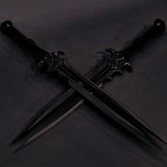 two black swords are on top of each other in the middle of a dark background