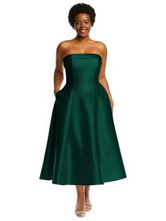 Elegant Evening Midi Dress With Pockets, Formal Satin Strapless Midi Dress, Satin Strapless Midi Dress For Gala, Black Satin Bridesmaid Dress, Hunter Green Dresses, Midi Bridesmaid Dress, Full Midi Skirt, Senior Prom Dresses, Draped Midi Dresses