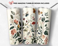 three floral tumblers with the words free amazing tumbler design included on them in white