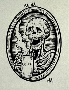 a drawing of a skeleton holding a coffee cup