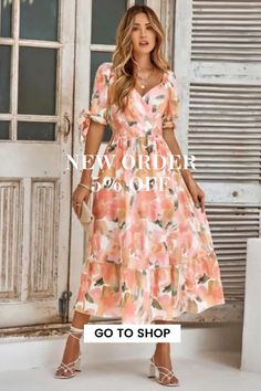 New Women Casual Printing V-neck Dress Non-stretch Floral Print V-neck Midi Dress, Pink Non-stretch V-neck Midi Dress, Pink Surplice Neckline Summer Midi Dress, Summer Pink Midi Dress With Surplice Neckline, Spring V-neck Sequin Dress, Pink Knee-length V-neck Dress For Spring, Pink Surplice Neckline Midi Dress For Spring, Pink Maxi Length V-neck Dress For Spring, Fitted V-neck Dress With Surplice Neckline For Spring