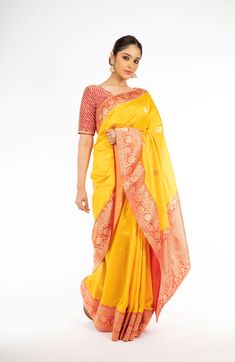 Engrossing Yellow and Red Color Handloom Banarasi Silk Saree – Panache Haute Couture Indowestern Gowns, Curated Outfit, Add Sleeves, Indian Wedding Wear, Banarasi Silk Saree, Wedding Lehenga, Bridal Lehenga, Beautiful Saree, Wedding Wear