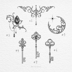 an old fashioned set of keys with ornate designs on the front and back, in black ink