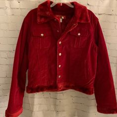 Nwt! Women’s Corduroy Jacket With Faux Fur Trim Gorgeous Faux Fur Corduroy Jacket With Front Chest Pockets Snap Closure. Chest/Front Pockets. Color: Red 98% Cotton 2% Spandex Size: 3xl 23” Length 23” Pit To Pit 24” Sleeve Pet/Smoke Free Home Winter Red Outerwear With Corduroy Collar, Red Corduroy Winter Outerwear, Green Jean Jacket, Corduroy Jacket Womens, Red Denim Jacket, Lined Jeans, Green Jeans, Corduroy Jacket, Trim Color