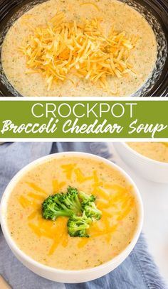 crockpot broccoli cheddar soup in a bowl with cheese on top