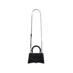 Balenciaga "Hourglass" top-handle bag in allover strass calf leather  Rolled, padded top handle Detachable, adjustable shoulder strap  Can be worn as a top handle or shoulder bag  Flap top with metal B hardware; snap closure Approx. 4.3"H x 6.7"W x 1.3"D Spot clean Made in Italy Luxury Handheld Bag For Night Out, Leather Party Bags With Adjustable Handle, Leather Party Bag With Adjustable Handle, Designer Evening Bags With Adjustable Handle, Luxury Shoulder Bag With Top Handle For Night Out, Luxury Top Handle Shoulder Bag For Night Out, Luxury Evening Bags With Adjustable Handle, Luxury Evening Bag With Adjustable Handle, Luxury Bags With Detachable Handle For Night Out