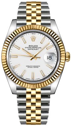 126333 | M126333-0016 ROLEX DATEJUST 41 MEN'S AUTOMATIC WATCH - Free Overnight Shipping - With Manufacturer Serial Numbers - Swiss Made - White Dial - Solid 18k Yellow Gold Fluted Bezel - Date Feature - 70 Hour Power Reserve - Self-winding Automatic Movement - Rolex Calibre 3235 - 6 Year Warranty - Guaranteed Authentic - Certificate of Authenticity - Manufacturer Box & Manual - Polished 904L Oystersteel Stainless Steel Case - Polished Solid 18k Yellow Gold and 904L Oystersteel Stainless Steel Jubilee Bracelet - Scratch Resistant Sapphire Crystal - 100 Meters / 330 Feet Waterproof - 41mm = 1 5/8" Case, Will Fit up to 7.5" Wrist - Luminescent Hands & Hour Markers - Screw Down Crown & Case Back - Deployment Buckle - Free Bracelet Sizing     Also Known As Model # 126333-WHTSJ Rolex Prices, Automatic Watches For Men, Womens Watches Luxury, Free Bracelet, White Dial, Rolex Datejust, Automatic Watch, Men's Watch, Bracelet Sizes