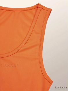 Lasaky - Refined Womens Sleeveless Crew Neck Tank Top: A Stylish Addition to Spring and Summer Wardrobes Fitted Orange Summer Vest, Fitted Orange Vest For Summer, Orange Sleeveless Top For Workout, Orange Sleeveless Workout Tops, Orange Stretch Tank Top, Orange Sleeveless Vest For Summer, Orange Sleeveless Summer Vest, Summer Workout Vest In Solid Color, Orange Summer Vest